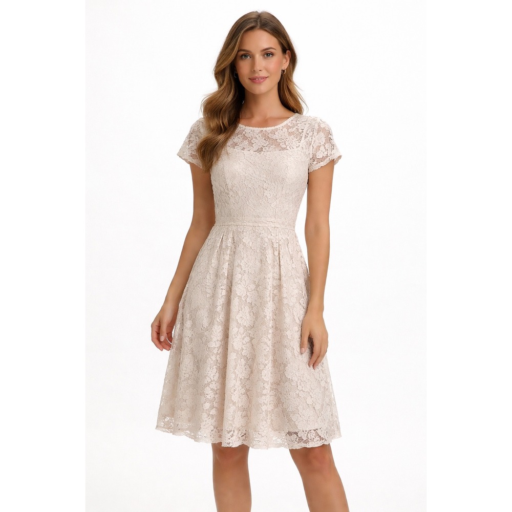 Francesca's Lace Dress Medium Ivory Nude‎ Overlay Fit & Flare Short Sleeve